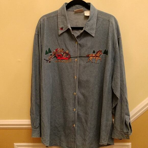 Faded Glory Woman Christmas Denim Shirt size 22 - Picture 2 of 8
